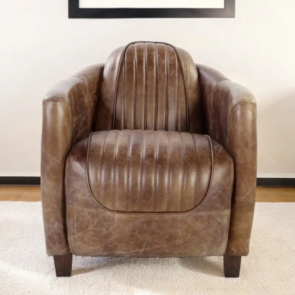 29" Brown Faux Leather Distressed Barrel Chair - Homeroots