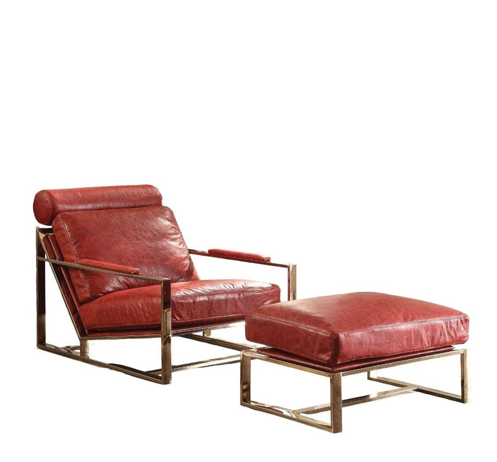 29" Red And Gold Top Grain Leather Lounge Chair With Ottoman - Homeroots