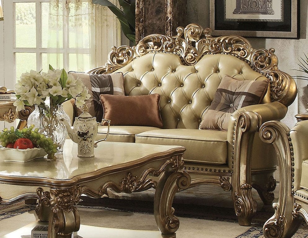 70" Bone And Gold Faux Leather Curved Loveseat - Homeroots - Flyclothing LLC