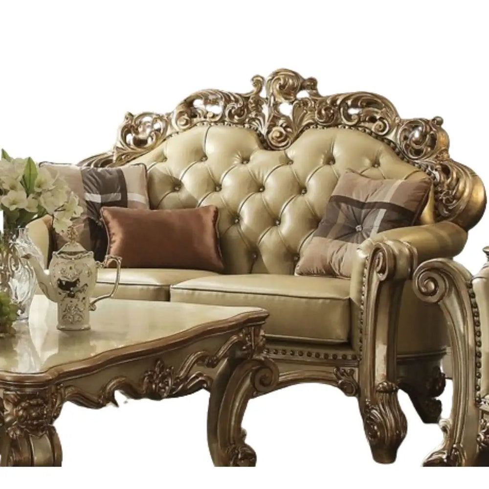 70" Bone And Gold Faux Leather Curved Loveseat - Homeroots - Flyclothing LLC