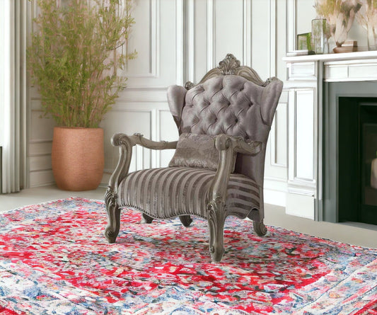 33" Ivory And Pearl Velvet Striped Tufted Chesterfield Chair - Homeroots
