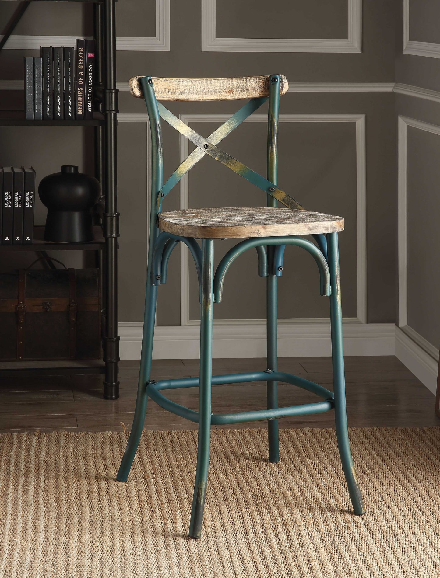 21" Brown And Turquoise Solid Wood And Metal Bar Chair - Homeroots - Flyclothing LLC