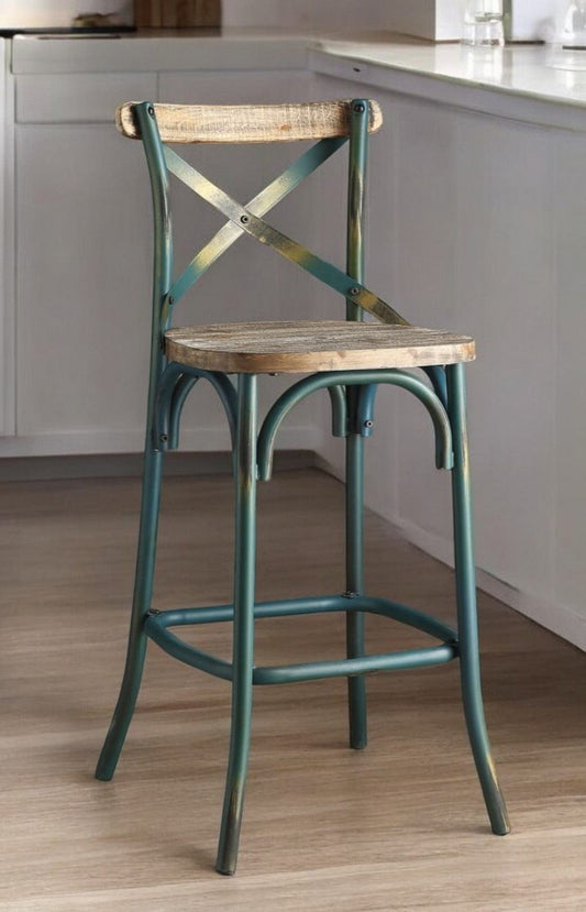 21" Brown And Sky Blue Iron Bar Chair - Homeroots
