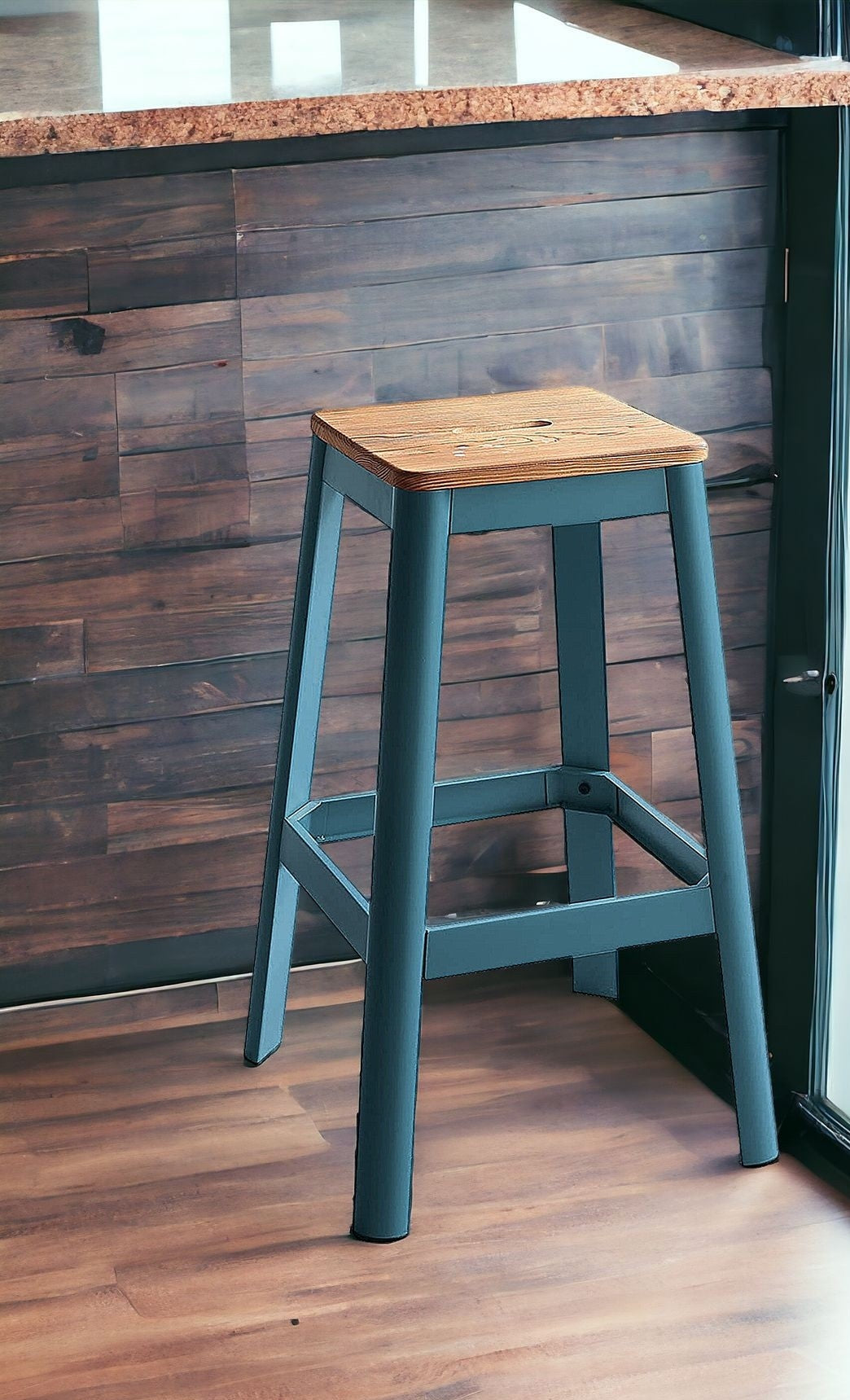 30" Wood Brown And Green Solid Wood And Metal Counter Height Bar Chair - Homeroots - Flyclothing LLC