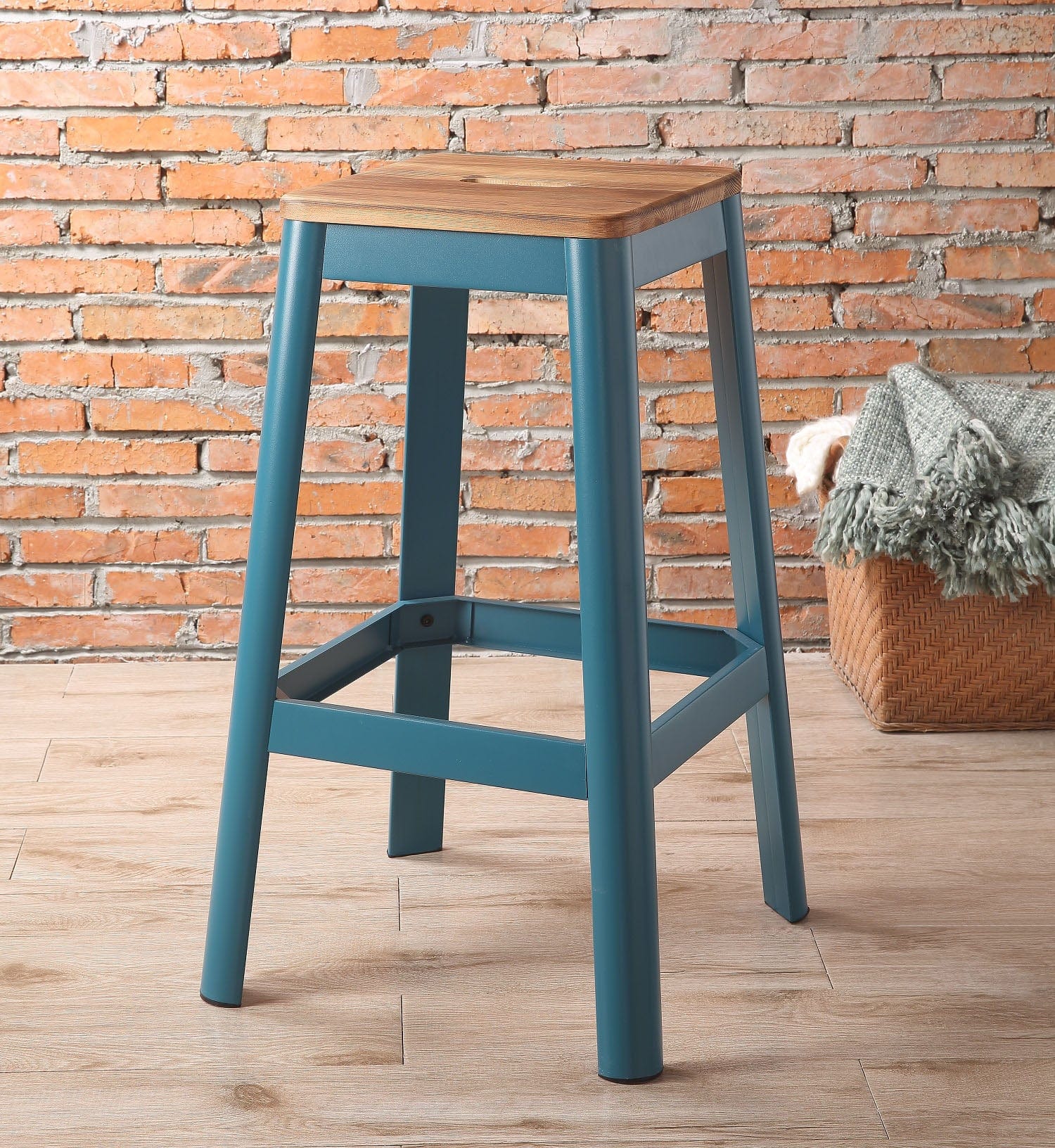 30" Wood Brown And Green Solid Wood And Metal Counter Height Bar Chair - Homeroots