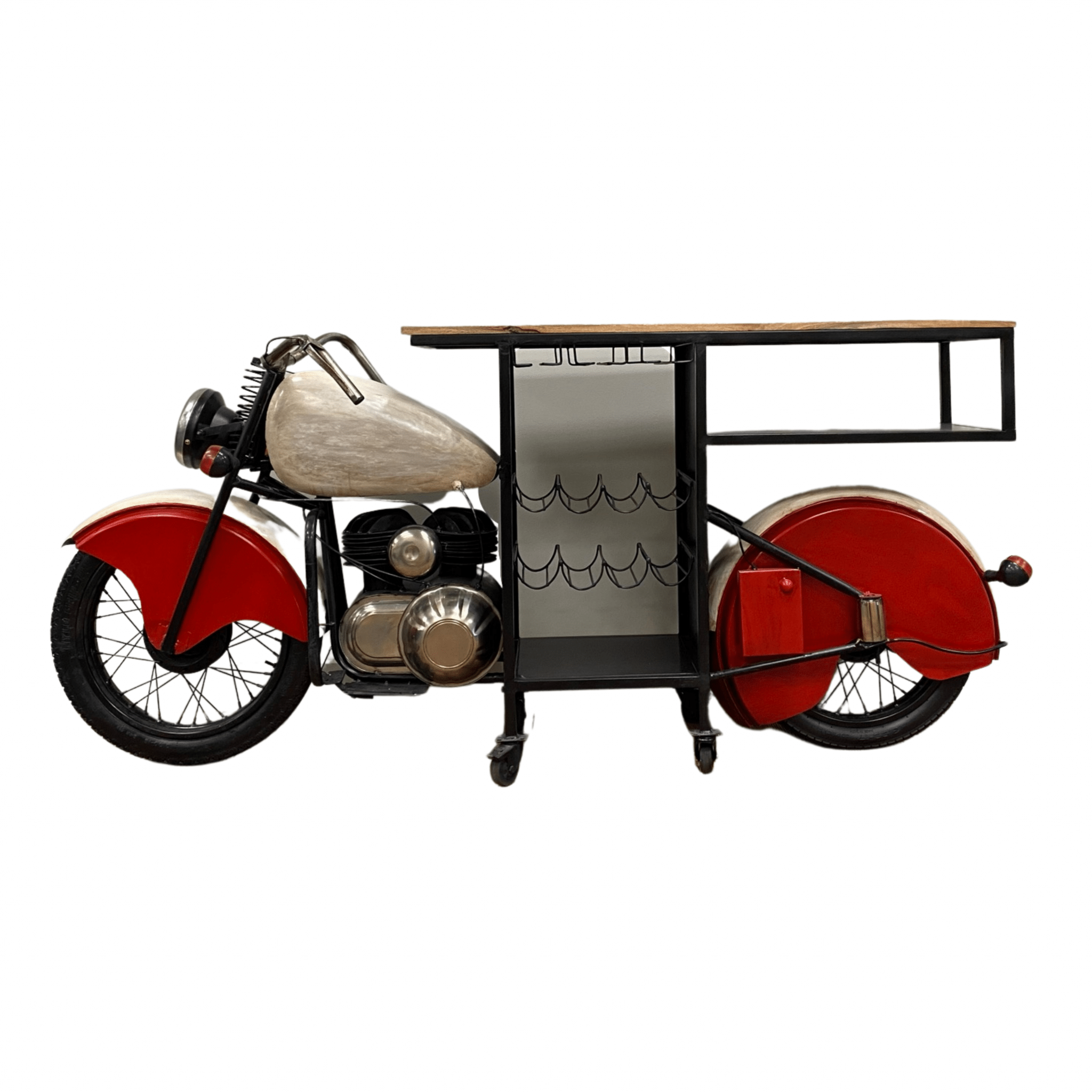 Red and Black Metal And Wood Rolling Glider Bike Bar Cart With Wine Storage - Homeroots