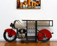 Red and Black Metal And Wood Rolling Glider Bike Bar Cart With Wine Storage - Homeroots