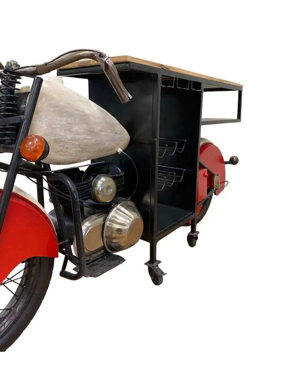Red and Black Metal And Wood Rolling Glider Bike Bar Cart With Wine Storage - Homeroots - Flyclothing LLC