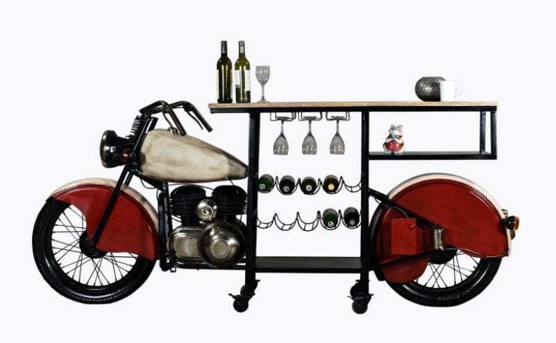 Red and Black Metal And Wood Rolling Glider Bike Bar Cart With Wine Storage - Homeroots - Flyclothing LLC