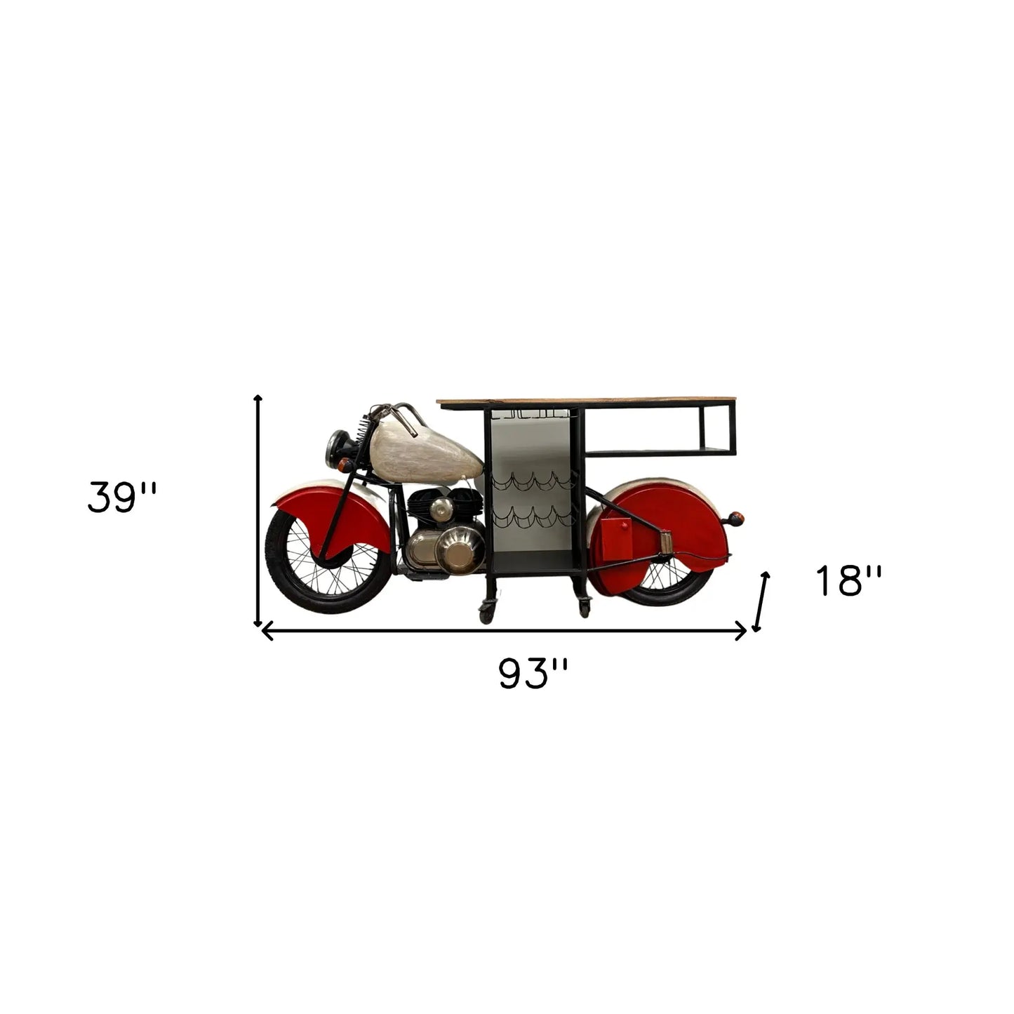 Red and Black Metal And Wood Rolling Glider Bike Bar Cart With Wine Storage - Homeroots - Flyclothing LLC