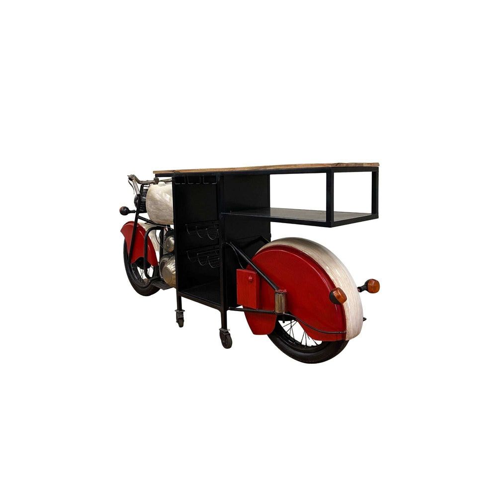 Red and Black Metal And Wood Rolling Glider Bike Bar Cart With Wine Storage - Homeroots - Flyclothing LLC