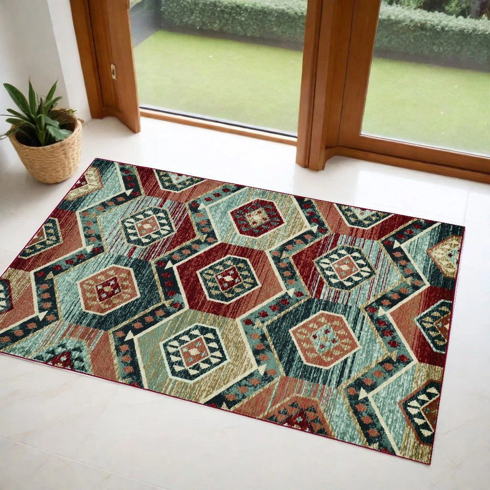 3' X 5' Red Machine Woven Honeycomb Lodge Indoor Area Rug - Homeroots