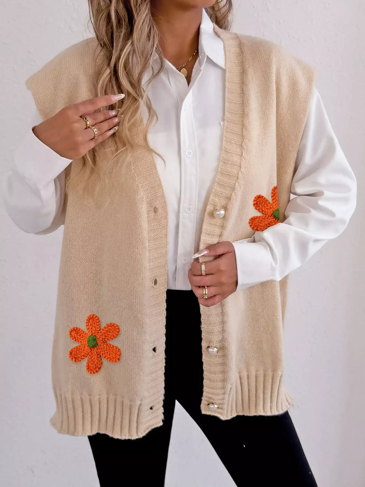 Flower V-Neck Sleeveless Cardigan - Trendsi - Flyclothing LLC