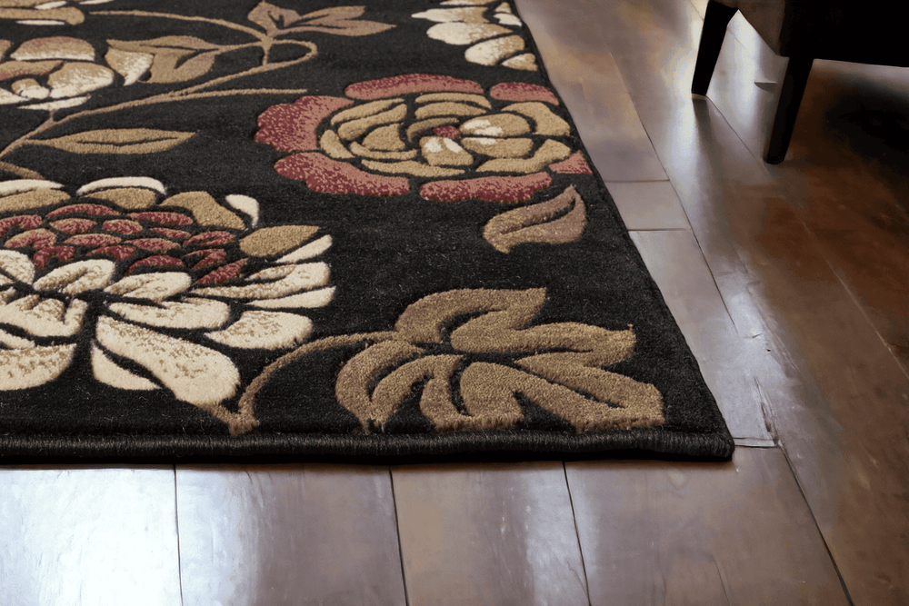 5' X 8' Black and Tan Floral Area Rug - Homeroots - Flyclothing LLC