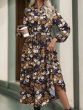 Perfee Printed Notched Long Sleeve Midi Dress - Trendsi