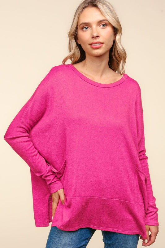 Haptics Dolman Long Sleeve Oversized Knit Top with Pockets - Trendsi