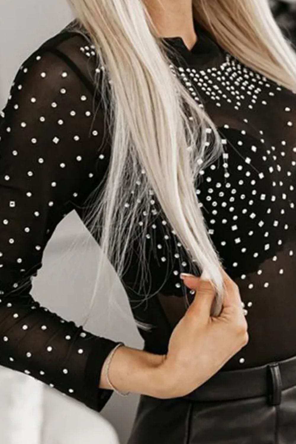 Rhinestone Trim Mock Neck Long Sleeve Bodysuit - Trendsi - Flyclothing LLC