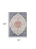7' X 12' Navy and Ivory Floral Medallion Area Rug - Homeroots