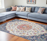 7' X 12' Navy and Ivory Floral Medallion Area Rug - Homeroots