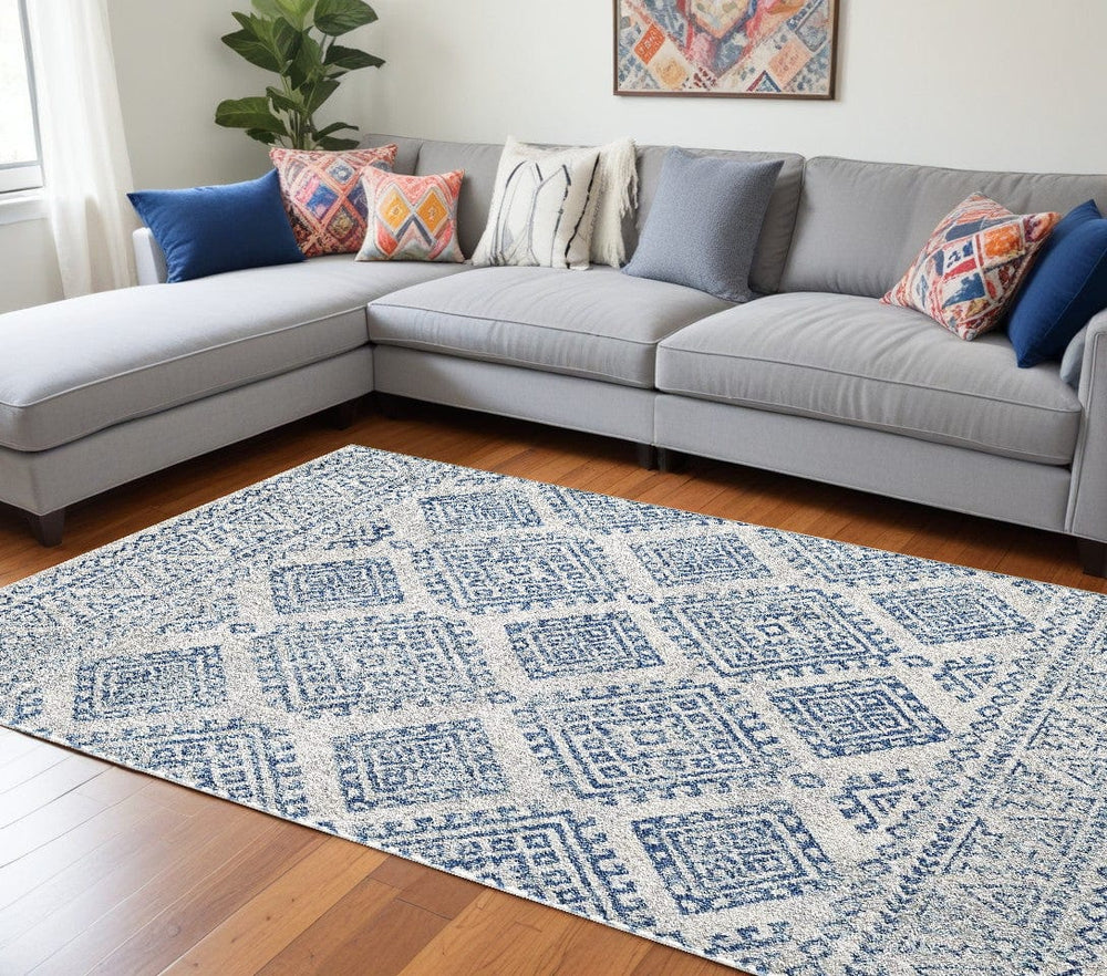 7' X 12' Ivory and Blue Geometric Area Rug - Homeroots