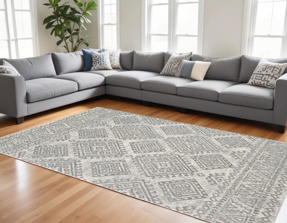 7' X 12' Gray and Ivory Geometric Area Rug - Homeroots