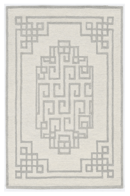 5' X 7' Ivory Grey Hand Tufted Bordered Greek Key Indoor Area Rug