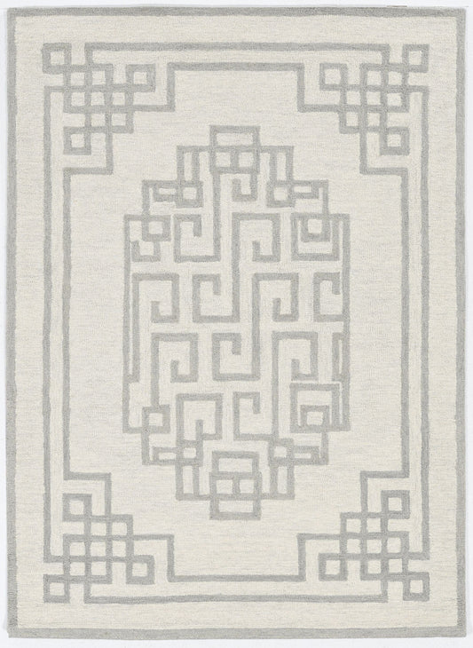 5' X 7' Ivory Grey Hand Tufted Bordered Greek Key Indoor Area Rug