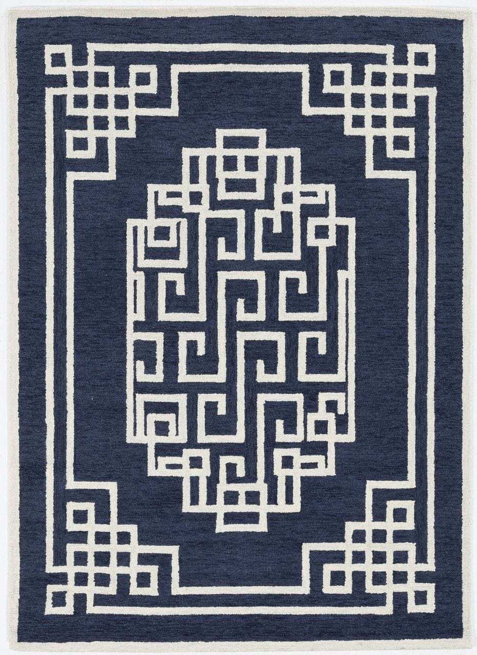 5' X 7' Navy Blue Ivory Hand Tufted Bordered Greek Key Indoor Area Rug - Homeroots - Flyclothing LLC