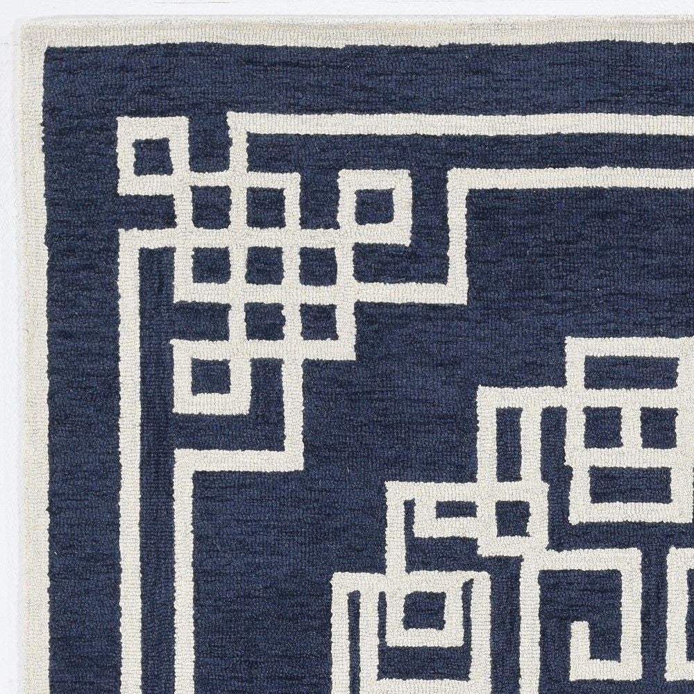 5' X 7' Navy Blue Ivory Hand Tufted Bordered Greek Key Indoor Area Rug - Homeroots - Flyclothing LLC