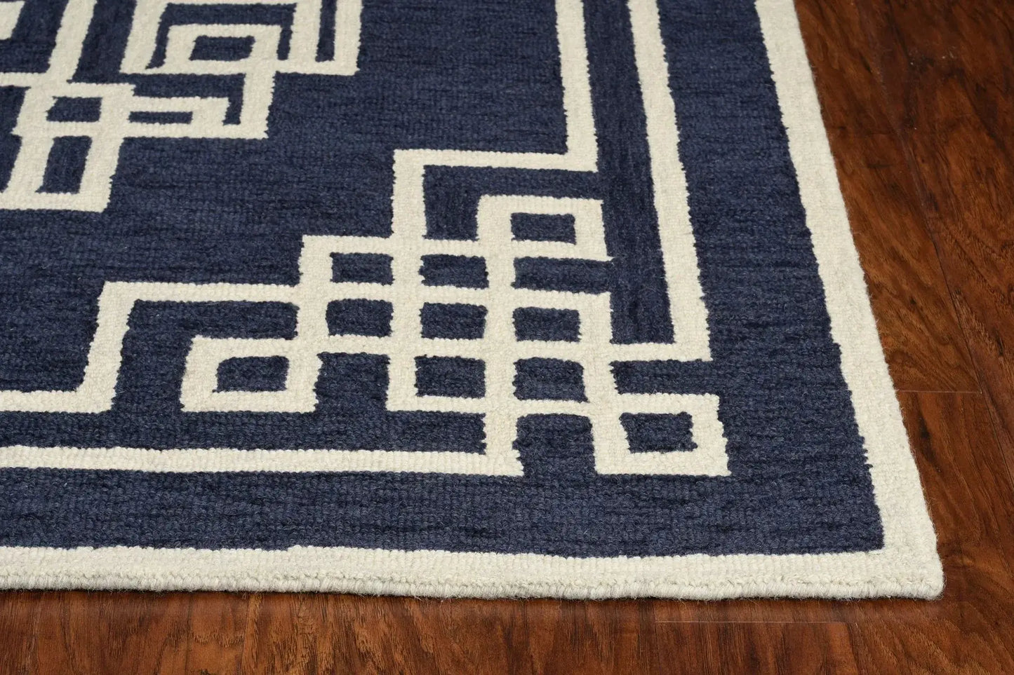 5' X 7' Navy Blue Ivory Hand Tufted Bordered Greek Key Indoor Area Rug - Homeroots - Flyclothing LLC