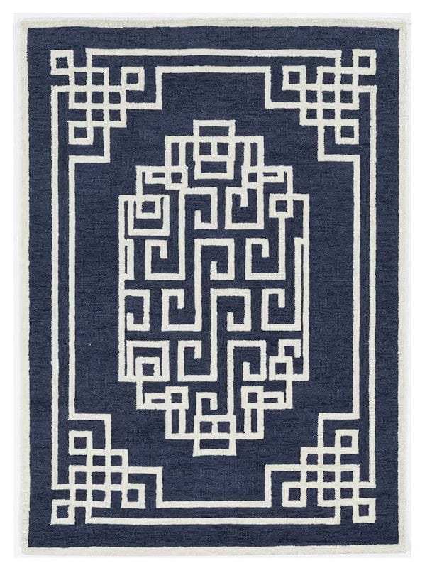 8' X 10' Navy Blue Ivory Hand Tufted Greek Key Medallion Indoor Area Rug - Homeroots - Flyclothing LLC
