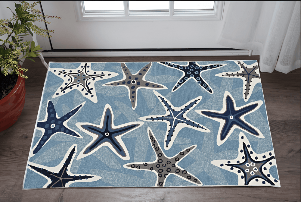 2' X 3' Blue Starfish Hand Tufted Area Rug - Homeroots