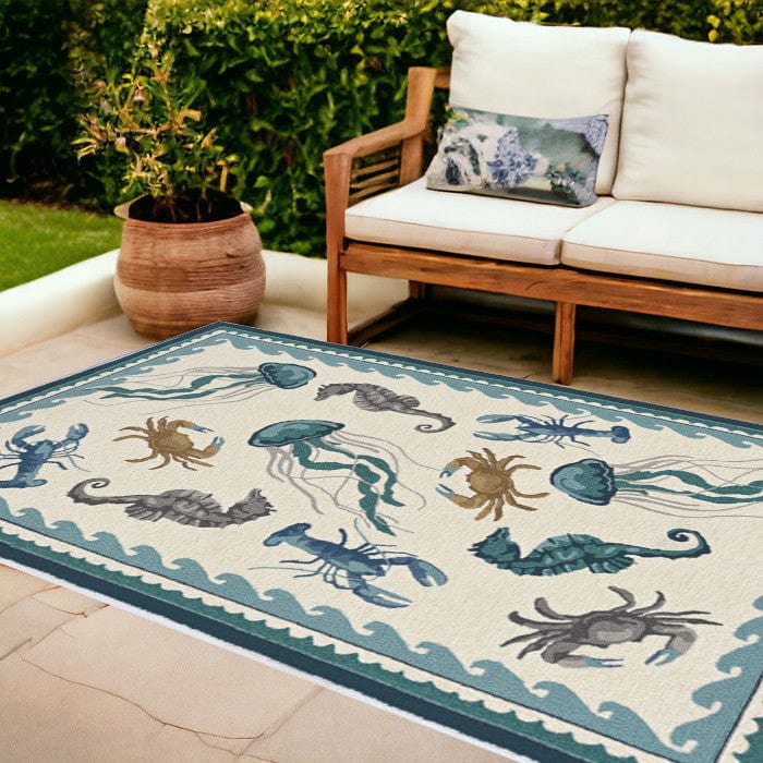 8' X 10' Teal Blue Round Abstract Handmade Indoor Outdoor Area Rug - Homeroots