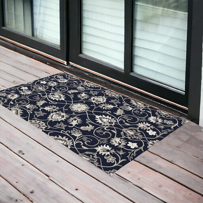 2' X 3' Navy Blue Floral Handmade Indoor Outdoor Area Rug - Homeroots