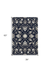 3' X 5' Navy Blue Floral Handmade Indoor Outdoor Area Rug - Homeroots - Flyclothing LLC