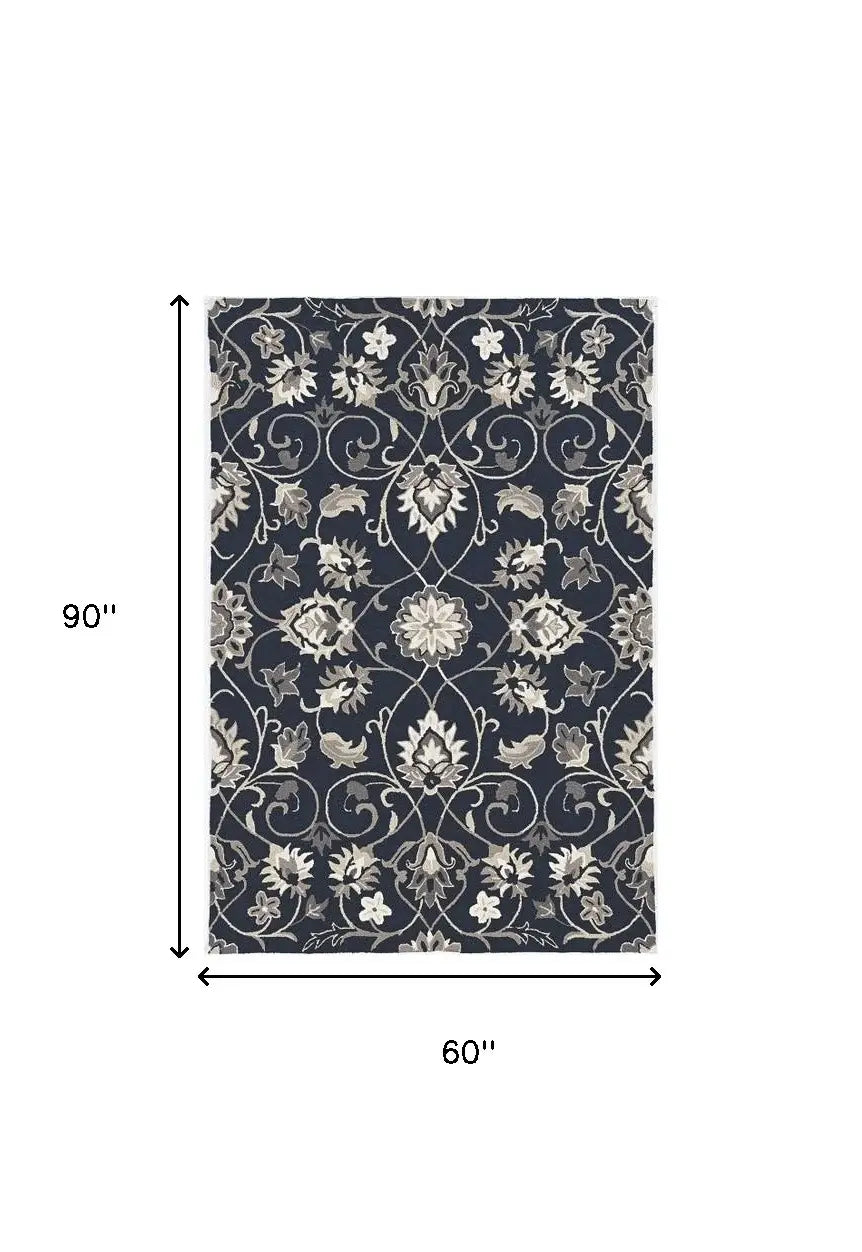 5' X 7' Navy Floral Vines Indoor Outdoor Area Rug - Homeroots - Flyclothing LLC