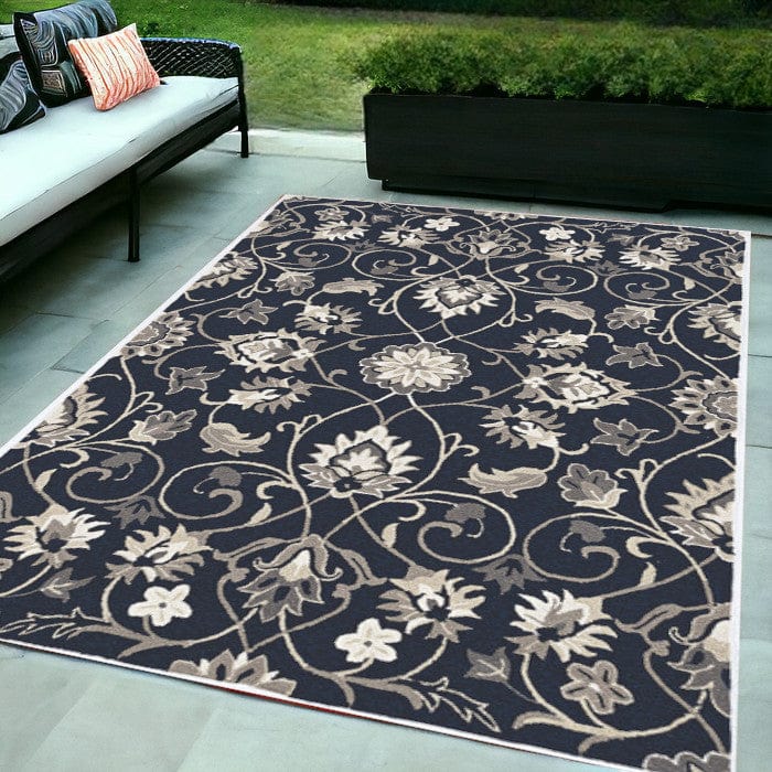5' X 7' Navy Floral Vines Indoor Outdoor Area Rug - Homeroots