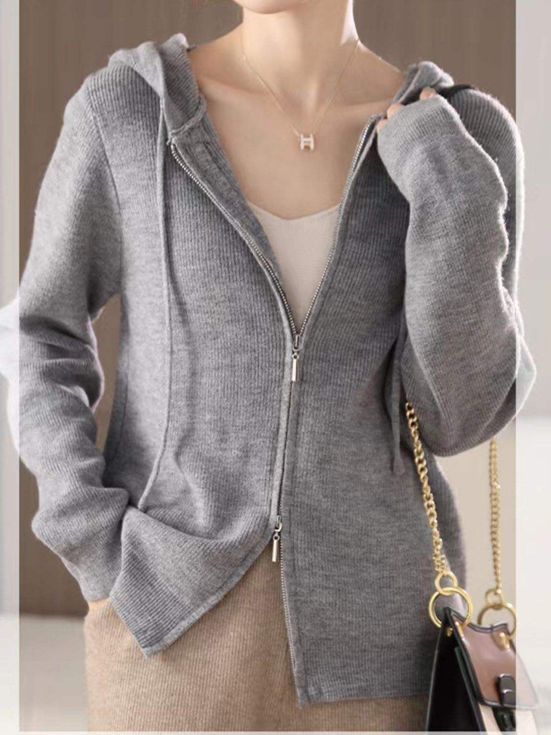 Drawstring Zip Up Long Sleeve Hooded Sweater - Trendsi - Flyclothing LLC