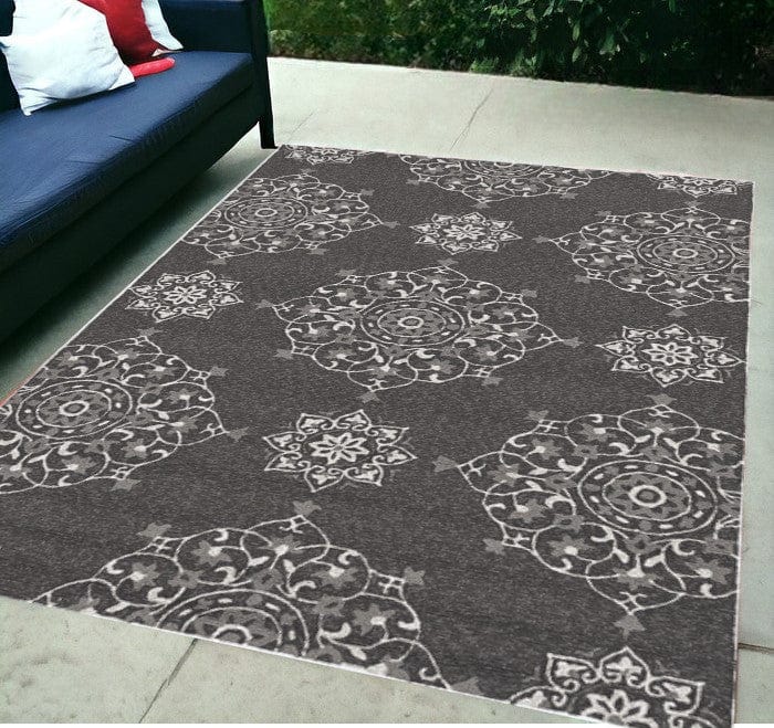 5' X 8' Charcoal Round Floral Handmade Indoor Outdoor Area Rug - Homeroots