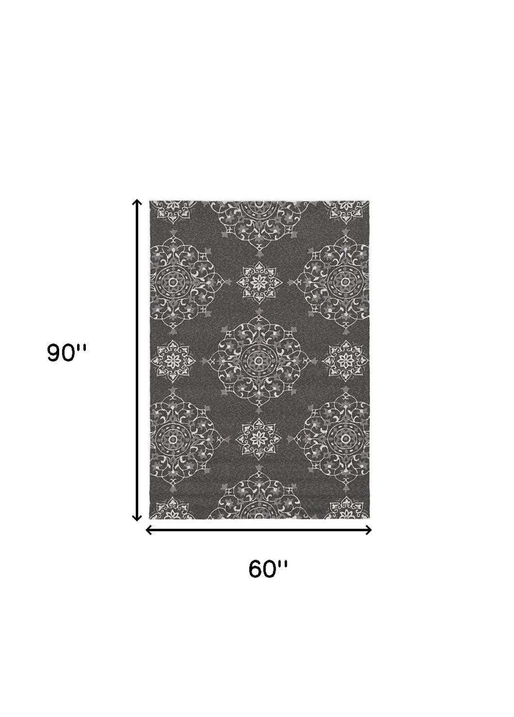 5' X 8' Charcoal Round Floral Handmade Indoor Outdoor Area Rug - Homeroots - Flyclothing LLC