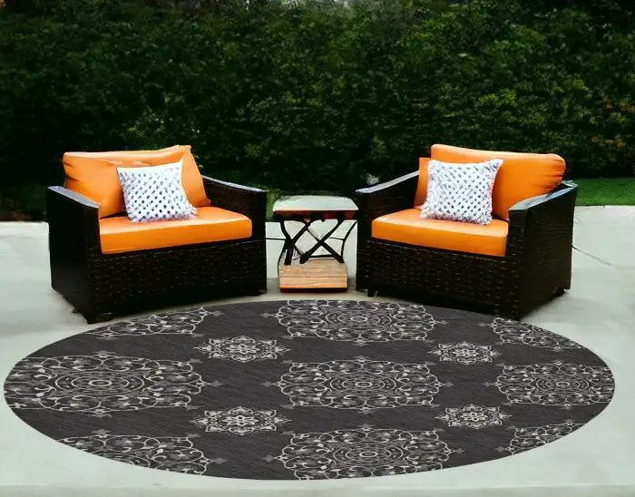 8' Round Charcoal Round Floral Handmade Indoor Outdoor Area Rug - Homeroots
