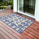 3' X 5' Blue Floral Handmade Indoor Outdoor Area Rug - Homeroots