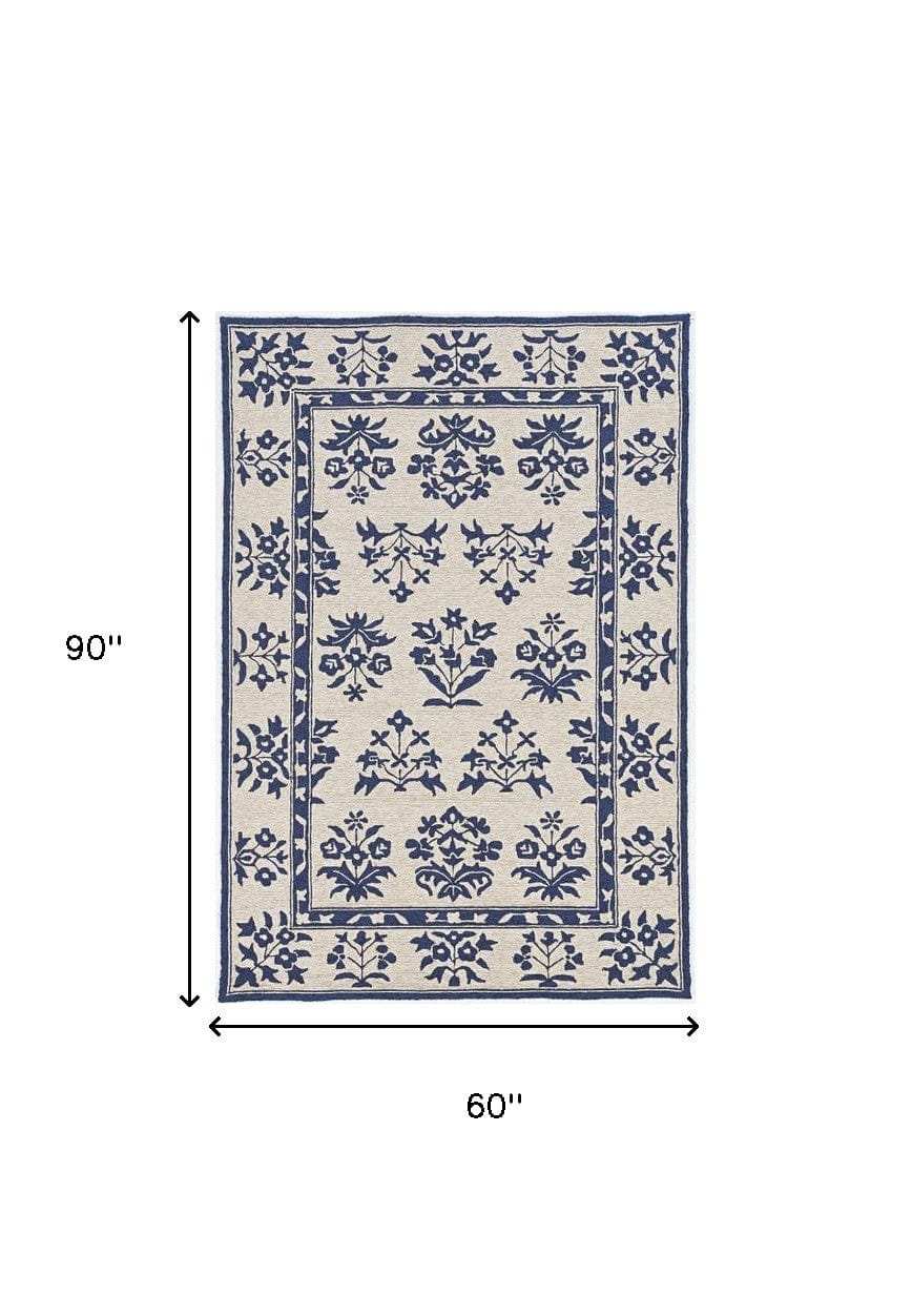 5' X 7' Sand Or Blue Floral Bordered Indoor Outdoor Area Rug - Homeroots - Flyclothing LLC