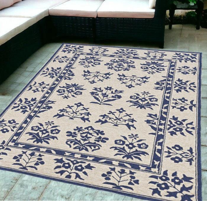 5' X 7' Sand Or Blue Floral Bordered Indoor Outdoor Area Rug - Homeroots