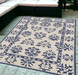5' X 7' Sand Or Blue Floral Bordered Indoor Outdoor Area Rug - Homeroots