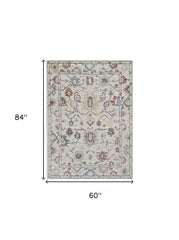 5' X 7' Ivory Floral Bordered Wool Indoor Area Rug