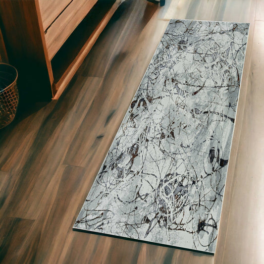 7' Ivory Grey Machine Woven Abstract Vermicular Indoor Runner Rug - Homeroots