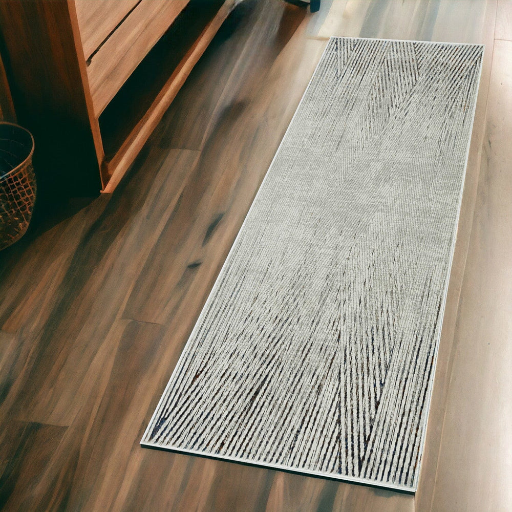 7' Ivory Grey Machine Woven Geometric Lines Indoor Runner Rug - Homeroots