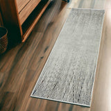7' Ivory Grey Machine Woven Geometric Lines Indoor Runner Rug - Homeroots