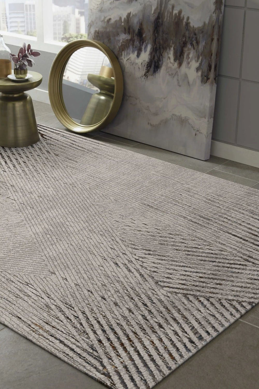 5' X 8' Ivory Grey Machine Woven Geometric Lines Indoor Area Rug - Homeroots